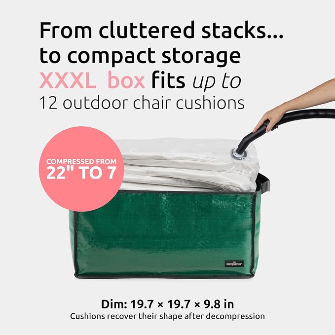 Compactor Heavy-Duty Storage Bags, Vacuum Storage Bag with Outdoor Storage Box, Waterproof Bag for Dining and Patio Chair Cushions, Fits All Vacuum Models, XXXL, 33 Lbs, Green