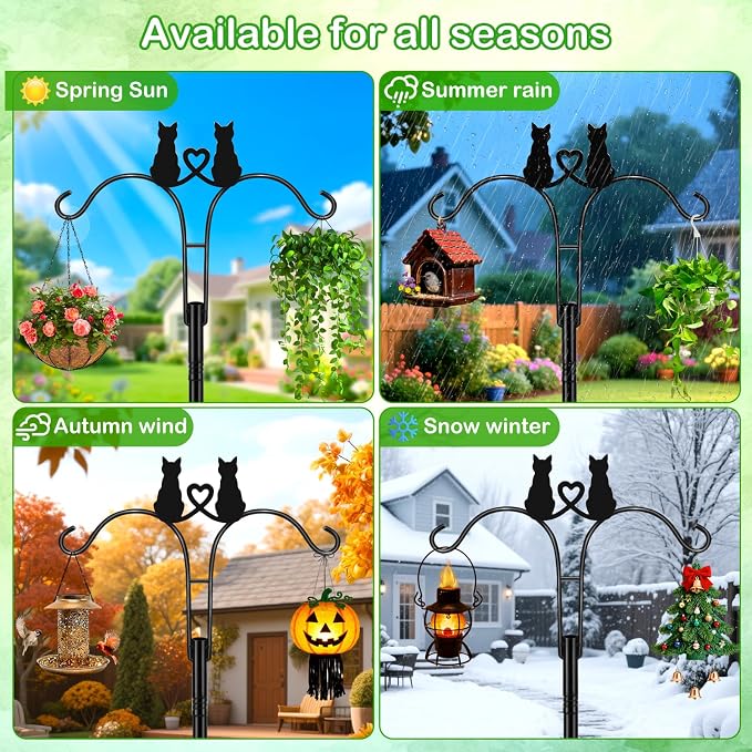 Double Shepherds Hooks for Outdoor, 2 Pack 78 Inch Bird Feeder Pole with 5 Prongs Base, Adjustable Heavy Duty Plant Hangers Cat Art for Outdoor Plants Hummingbird Feeder Hanging Basket Lantern