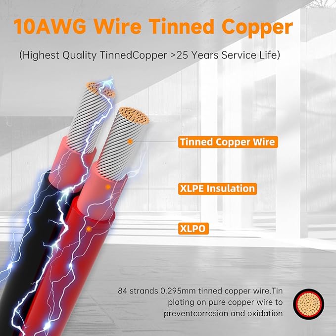 Solar Extension Cable 10 Gauge Panels Wire 6Ft 10AWG (6mm²) PV Wires Tinned Copper Cables with 2 Pairs Solar Connectors for Outdoor Automotive, Marine, (Black&Red)