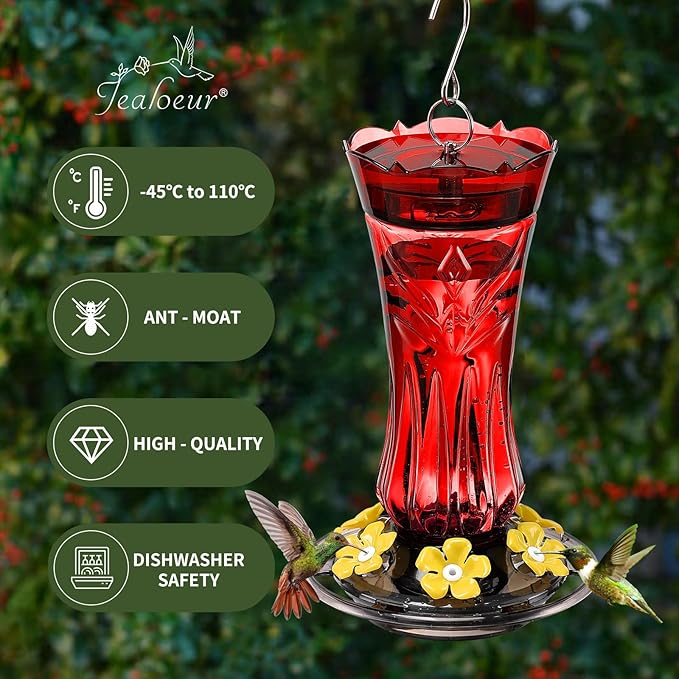 Jealoeur Hummingbird Feeders for Outdoors, Durable Hanging Humming Birds Feeders with 6 Bee Guard Feeding Ports & Built-in Ant Moat, Easy to Clean, Ideal for Garden Decor, 18 OZ, (1, Red)