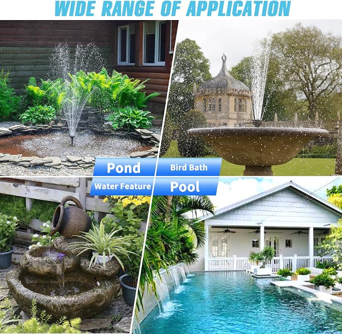 Solar Pond Pump, 15W Solar Fountain Pump with 190GPH Flow & 4 Spray Styles, 16.5Ft Extendable Power Cord, Debris Barrier Bag for Outdoor Fountain, Ponds, Fish Tank, Waterfall, Garden Water Features