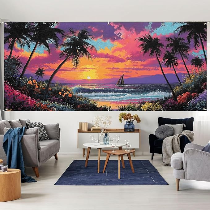 7 * 16FT Summer Sunset Garage Door Cover Decorations Sunset Palm Trees Garage Door Banner for Outdoor Indoor Summer Party Photography Backdrop