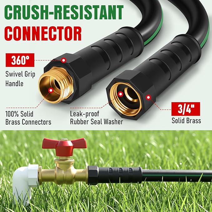 Heavy Duty Garden Hose 50 ft, NON-EXPANDABLE Water Hose with 10 Function Spray Nozzle, Lightweight Kink-less Hybrid Hose with Swivel Handle, Male to Female Fittings