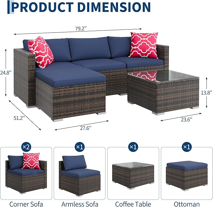 GAOMON 5-Piece All-Weather Patio Furniture Set, Convertible Outdoor Sectional Sofa with Ottoman & Tempered Glass Table, PE Rattan Conversation Set for Garden, Backyard, Porch, Poolside