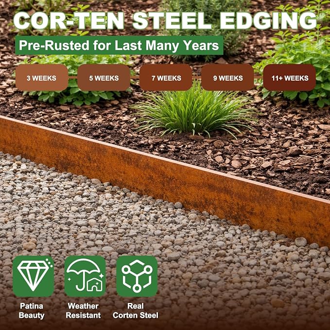 Metal Landscape Edging Border 6 Packs 42'' L x 4.5'' H, Pre-Rusted Steel Garden Edging Border with 6 Stakes, Hammer-in Lawn Edging for Landscaping, Flower Bed, Yard, Pathway, Tree Ring (21ft Total)