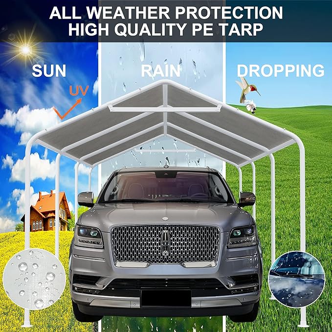 Thanaddo 10 x 20 Ft Carport Replacement Canopy Cover Garage Top Tent Shelter Tarp with Free 44 Ball Bungee Cords,Grey(Only Cover, Frame Not Include)