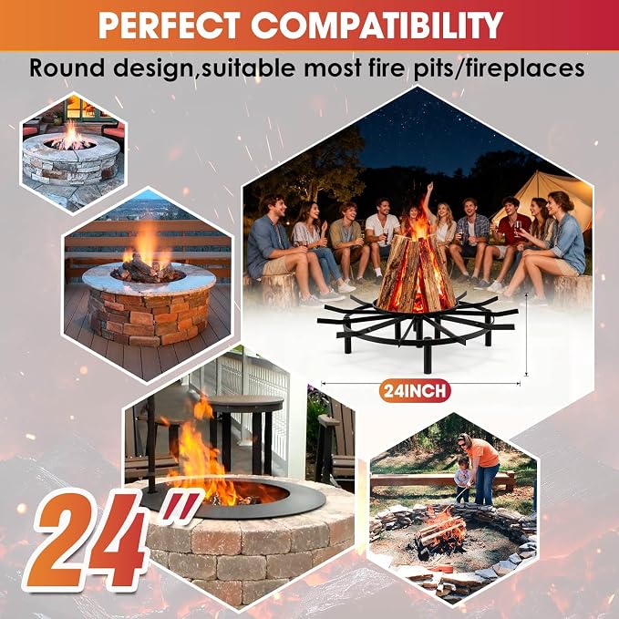24" Fire Pit Grate & Fireplace Grate, Heavy Duty Heat Resistant Campfire Grill for Campfires and Outdoor fire pits(Black)