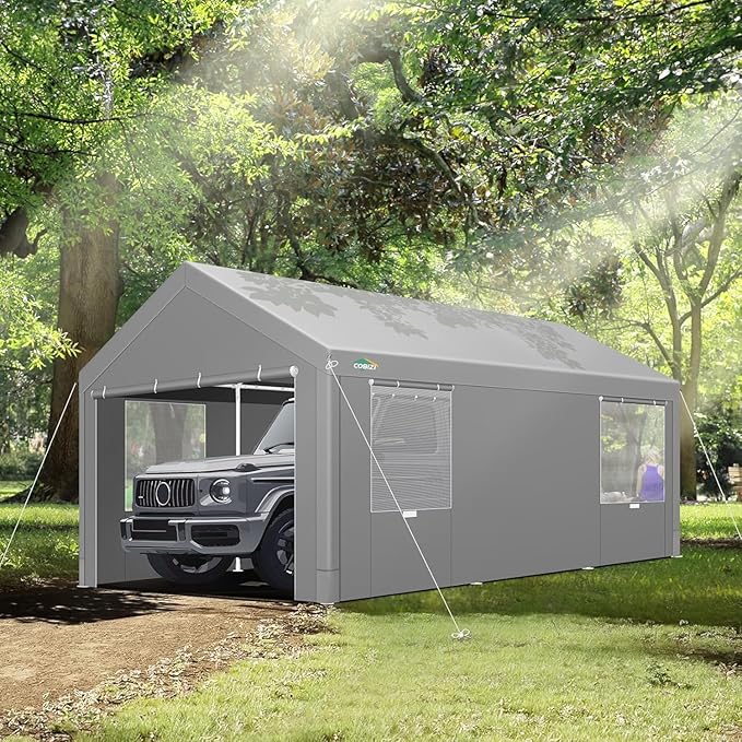 COBIZI 10x20ft Carport Heavy Duty, Portable Garage with Removable Sidewalls, Ventilated Windows & Built-in Sandbags, Waterproof Car Canopy for Truck, Boat with All-Season Tarp, Gray