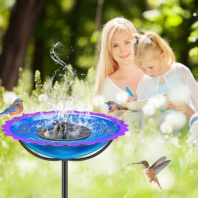 Metal Bird Bath for Outside, Garden Birdbath Bowl Freestanding Bird Feeders for Outdoors with 4 Prongs Base Stake, Standing Birdfeeders for Yard Lawn Decor (Blue Purple)