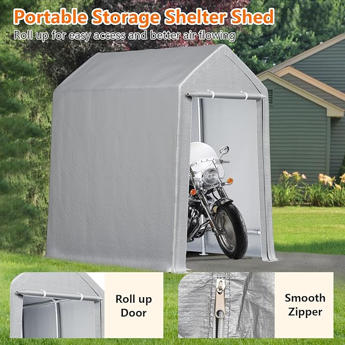 6 x 8 FT Storage Shed Canopy, Heavy Duty Outdoor Storage Tent with Roll-up Ventilated Zipper Door, Portable Garage Shed Waterproof for Bike, Motorcycle Shelter, Garden Storage, Grey