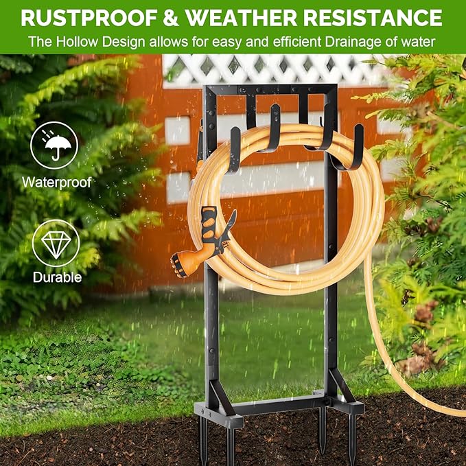 Heavy-Duty Garden Hose Holder with Stable Base and Tool Hooks, Freestanding Metal Hose Hanger Garden Hose Storage Holds 151Ft Hose, Rustproof Water Hose Holder for Outside Yard Lawn, Black