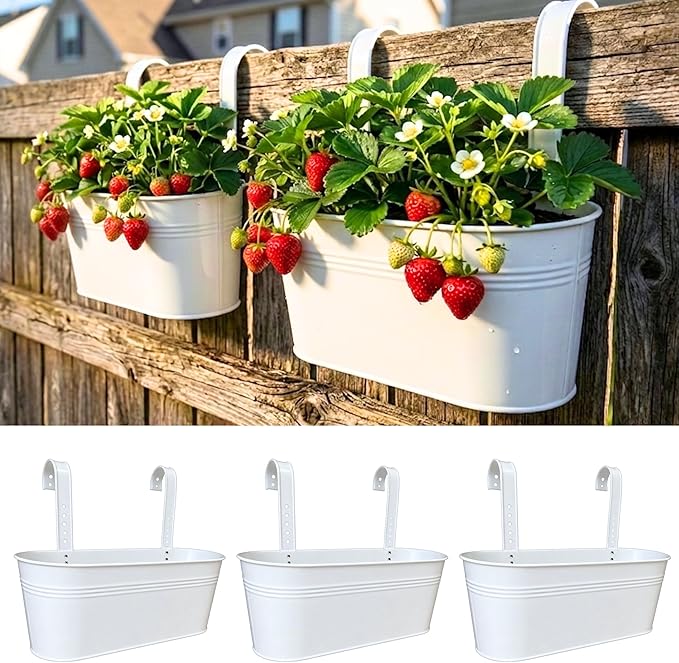 LaLaGreen Outdoor Rail Planter (17 Inch, 3 Pack) Large Porch Railing Planters White Metal Planters Balcony Apartment Hanging Deck Garden Patio Fence Flower Pots Plants Hang Decorations Baskets Pot