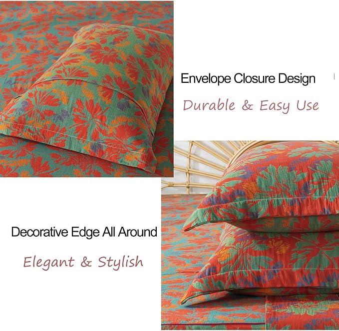 FADFAY Floral Sheets Set Queen Vintage Red Green Floral Bedding Shabby Maple Leaf Farmhouse Bedding Super Soft Washed Double -Layer Muslin Sheets 100% Cotton Deep Pocket Fitted Sheet 4Pcs, Queen Size