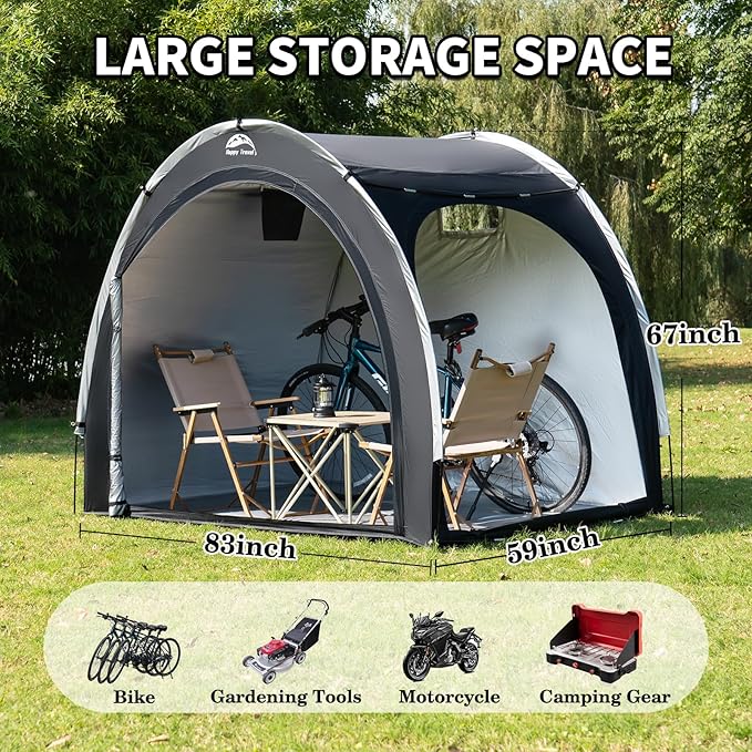 Happy Travel Bike Storage Shed Tent,Outdoor Portable Bicycle Storage Sheds with 210D Oxford Fabric PU4000 Waterproof for 2/3/4/5 Bikes,Bike Covers Shelter for Motorcycle,Garden Tools,Toys,Lawn Mower