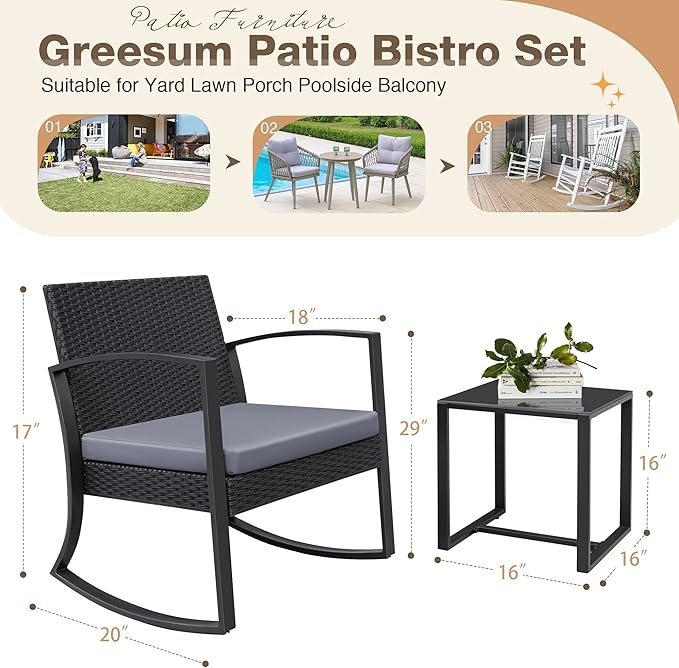 Greesum 3 Pieces Outdoor Furniture Set Patio Bistro Rocking Chairs with Glass Coffee Table for Pool Beach Backyard Balcony Porch Deck Garden, Light Gray