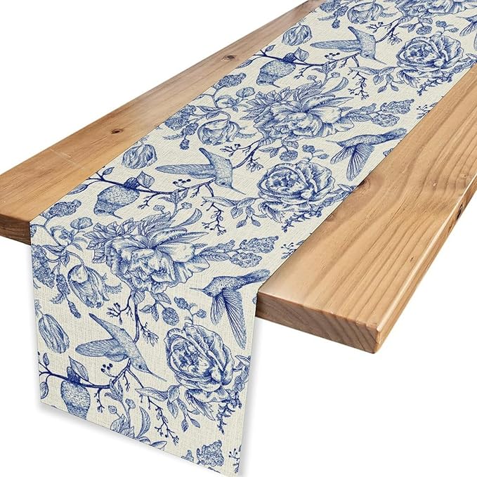 Blue Floral Table Runner, Rustic Seasonal Watercolor Spring Flower Birds Wildfloral Boho Retro Coffee Table Center Decor for Family Kitchen and Dining Farmhouse Party Table Decorations, 13"x90"