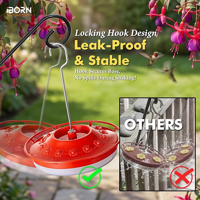 iBorn Hummingbird Feeders for Outdoors Hanging,Bee Proof Hummingbird Feeder with 14 Feeding Ports,13 OZ Saucer Humming Bird Feeders with Ant Moat,Ant Proof No Leak,Easy to Clean and Refill,2 Pack,Red