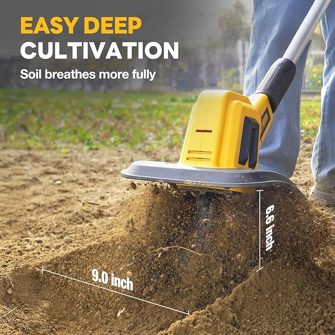 Alloyman 20V Cordless Tiller Cultivator, 360RPM Electric Garden Tiller, with 2 * 4.0Ah Batteries & Charger, 9In Tilling Width and 6.6In Depth Garden Rototiller for Lawn/Gardening/Soil Cultivation
