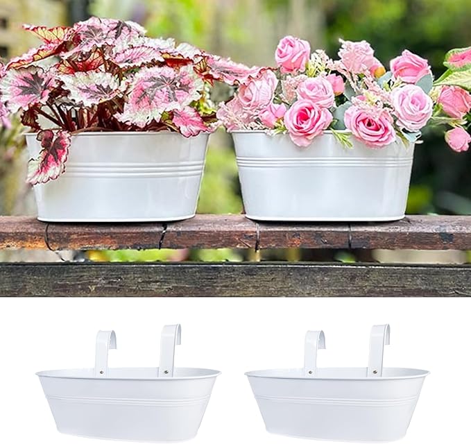 LaLaGreen Outdoor Plants Rail Planter (15 Inch, 2 Pack) White Metal Iron Hanging Flower Pot Deck Railing Fence Bucket Modern Boho Style Wall Mount Window Box Plant Holder Hooks Porch Herb Garden Decor