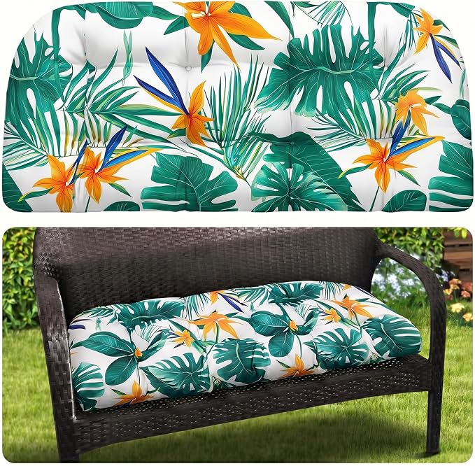 MAGIC ELEPHANT Outdoor Bench Cushion, Memory Foam Loveseat Cushion for Patio Furniture Wicker Chair, Settee Porch Swing Seat Cushion, 44 x 19 Inches (Tropical Monstera)