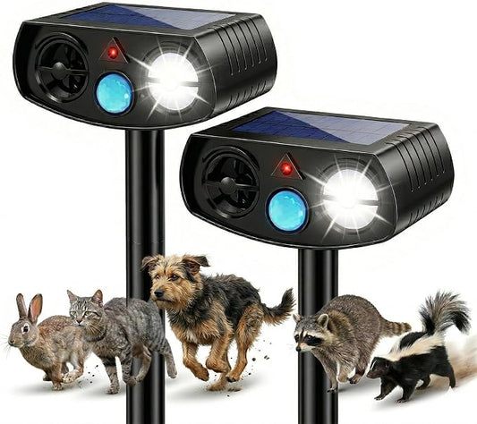 Solar Ultrasonic Animal Repeller Outdoor, Motion Sensor Waterproof Pest Deterrent, Raccoon Skunk Squirrel Rabbit Stray Dog Cat Repellent for Yard Garden Farm, 33ft 120° Coverage, 2 Pack Black