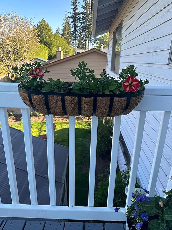 24 Inch Window Box Planters 2 Pack with Coco Liners, Rustproof Metal Hanging Flower Boxes for Outdoor Railing, Fence and Window Sill （2 Pack）