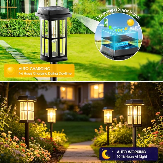 Garpar Solar Pathway Lights Outdoor 8 Pack, Window-Style with Metal Pole | 3500K Warm White, 2 Lighting Modes, Up to 18hrs Runtime, IP65 Waterproof, Ideal for Yard, Walkway, Driveway, Patio