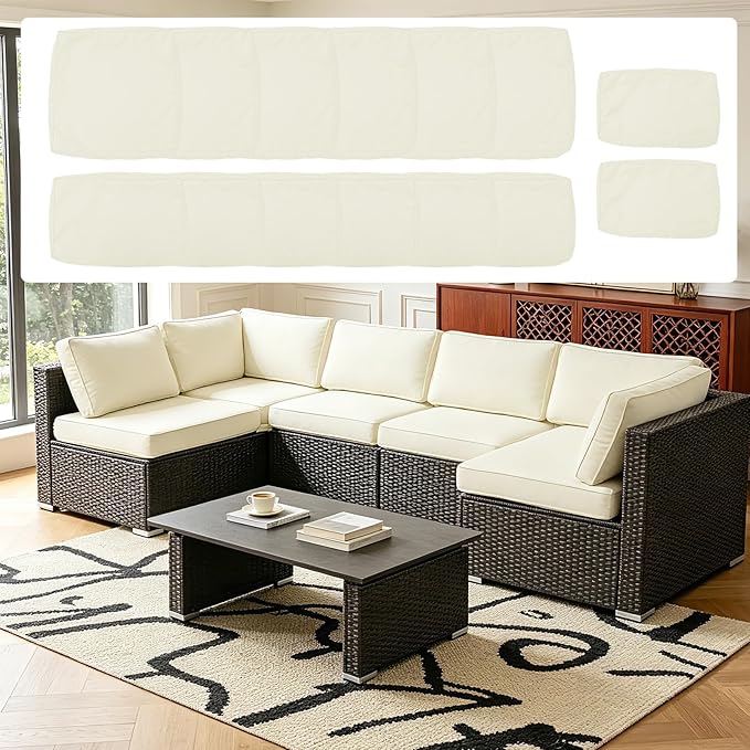 14Pcs Outdoor Cushion Covers Replacement Washable Waterproof UV w/Zipper for 6-Seaters Sofa Patio Slipcovers Set Seat and Back Covers Only (Creamy Beige, 25.6x25.6inch)