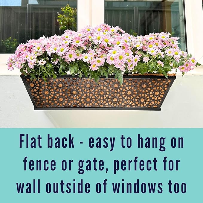 LaLaGreen Window Boxes Planters for Outdoor Plants (24 Inch, 2 Pack) Large Fence Hanging Planter Metal Deck Railing Flower Box with Coco Liner, Trendy Horse Troughs Balcony Pots Patio Porch Over Rail