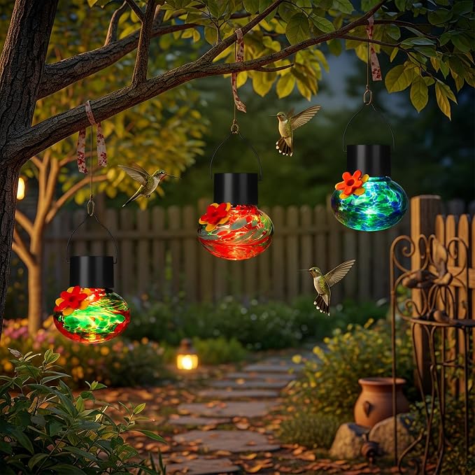 Nuogo 3 Pcs 3.54 Inch Blown Glass Hummingbird Feeders Solar Powered Hummingbird Feeder with LED Light for Garden Outdoors Window Decor Valentine Hanging Gifts Ant and Bee Resistant(Stylish Colors)
