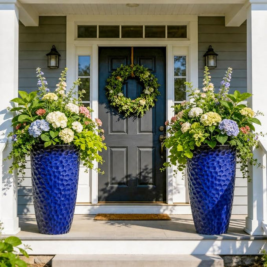 23.75" H Large Tall Outdoor Planters, Set of 2 Plastic Large Flower Pots for Outdoor Plants, Gradient Cobalt Blue Honeycomb Textured, Weather-Resistant for Porch, Garden, Patio or Indoor Use