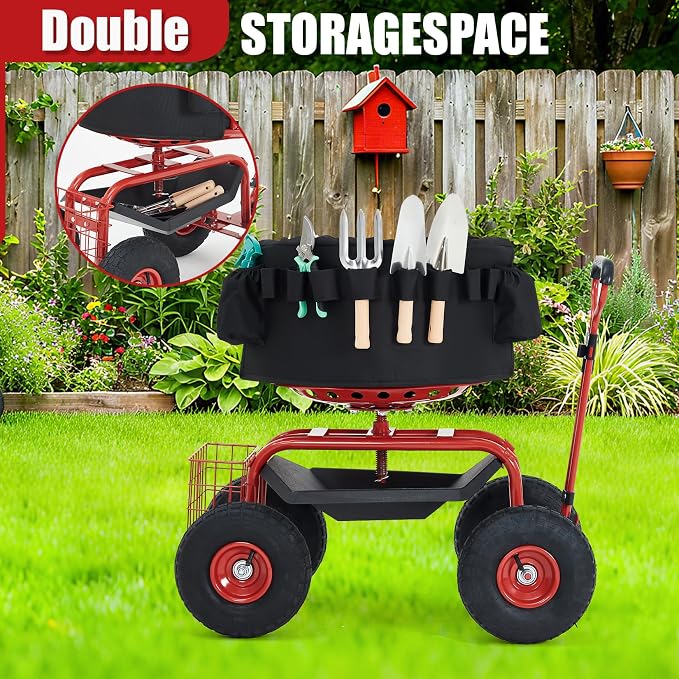 Garden Cart Rolling Workseat with Wheels, 360° Swivel Gardening Stool, Extendable Steering Handle & Utility Tool Tray, 10-Inch Inflatable Tires, Reinforced Steel Construction for Patio, Yard, Outdoor