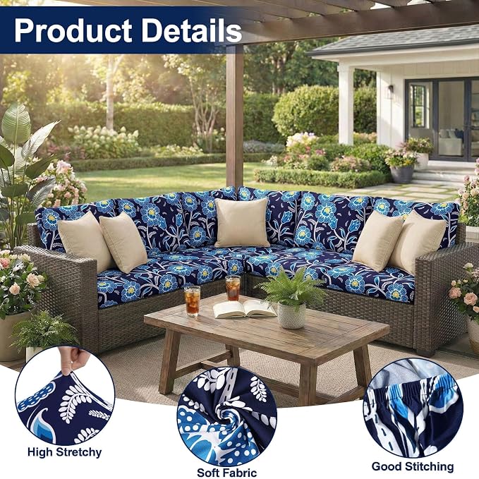 Smiry Waterproof Patio Cushion Covers, Stretch Outdoor Couch Slipcovers Replacement Washable Furniture Protector Sofa Chair Seat Cover for Dogs and Pets (8 Pcs, Midnight Blue)
