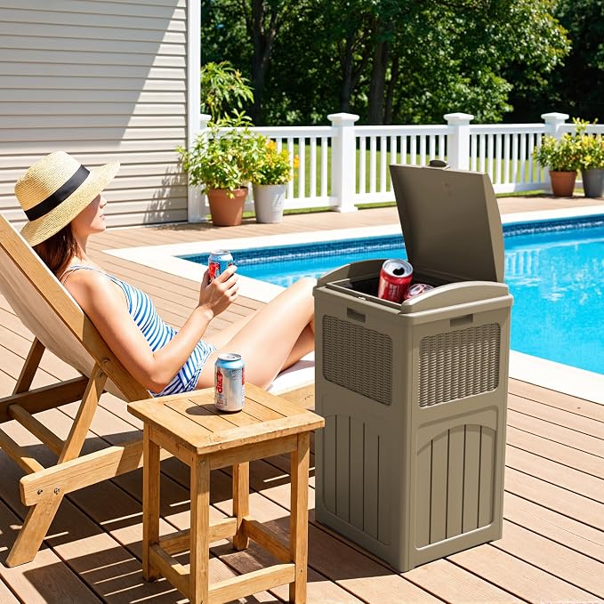Greesum 33 Gallon Resin Outdoor Trash Can with Lid, Waterproof Resin Garbage Bin for Hideaway, Patio, Deck, Light Brown