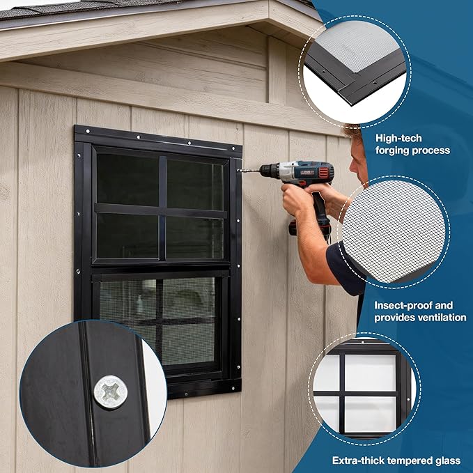 Yuzzy Shed Windows 2 Pack, Chicken Coop Windows 24" x 30" with Tempered Glass and Fiberglass Screen, Flush Mounted Small Window for Shed, Barns, Playhouse, Household, Garage (Black)