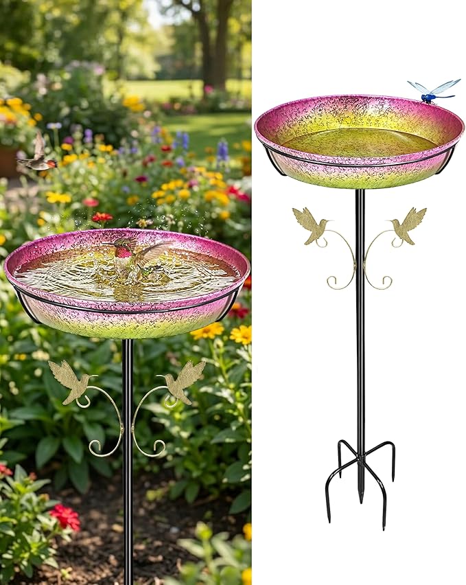 Bird Bath for Outside Standing Metal Birdbaths Birdfeeder 12" Detachable Bowl Iridescent Pink Yellow Bird Baths Feeder with Upgraded 5-Pronged Base for Garden Outdoor Lawn Patio Yard Decor 35" Tall