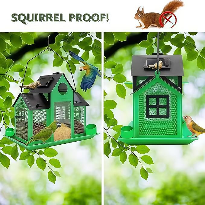 Solar Bird Feeders House for Outside Hanging, Metal Wild Bird Feeder for Outdoors Large Capacity Cardinal Birdfeeder Birdhouses Metal Bird Feeding Station Green