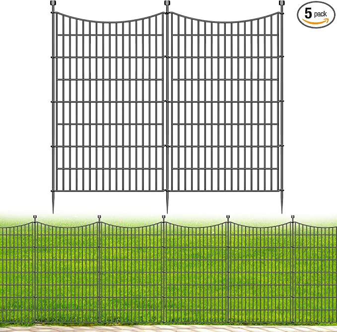 5 Panels No Dig Dog Fence Outdoor for Yard, 48 in(H) X 11.8 ft(L) Decorative Tall Garden Fence Animal Barrier, Rustproof Metal Wire Garden Edging and Borders, Temporary Fencing Stakes