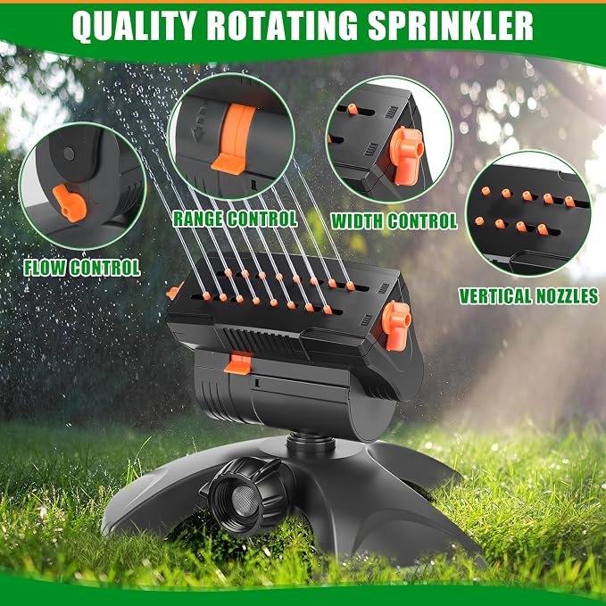 Reallnaive 3 Pcs Adjustable Oscillating Sprinkler 4 Way ABS Lawn Sprinkler Covers 4000 Sq. ft 16 Nozzle with Quick Connect for Garden Large Area Watering(Weighted Base)
