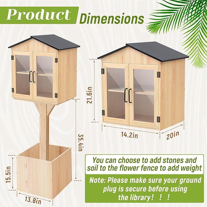 Wonderjune Little Library Box Outdoor, Durable Weatherproof Solid Wood Free Library Book Exchange Box with Floor Plugs and Small Flower Fence for Neighborhoods, Community and School