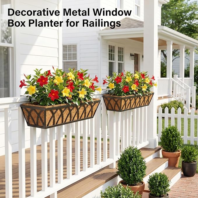 HFHOME 24 Inch Railing Planter Box with Coco Liners for Porch Fence Patio Balcony Hanging Flower Railing Deck Baskets with Adjustable Brackets for Outdoor Garden - 6 Packs