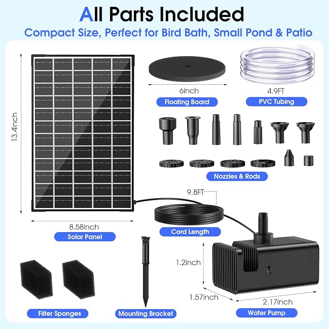 Biling 12W Solar Fountain Pump with 5000 mAh Battery Backup, 80GPH Solar Water Pump with 8 Nozzles, 5ft Tubing for Bird Bath Small Garden Pond Water Features