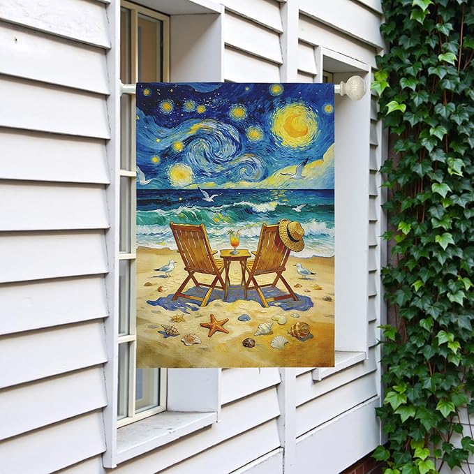 Beach Garden Flag Spring Summer Coastal House Flags Van Gogh Inspired Starry Night Style Ocean Seaside Chairs Yard Banner for Outside Lawn Patio Porch Seasonal Home Double Sided 28 x 40 Inch