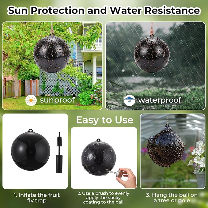 4 Pcs Large Fly Trap Balls Hanging Fruit Fly Traps Outdoor Adhesive Insect Balls with 2 Pcs Sticky Coating Glue Air Pump Insect Catch Sticky Bug for Farm Orchard Deerflies Mosquito (Black)