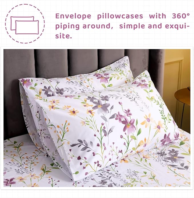 QSH 100% Cotton Sheets for Split King Size Bed - Floral Plant Pattern Botanical Luxury Cotton Printed Floral Bedding King Size Sheet with Deep Pockets 17" Soft and Breathable 5pcs