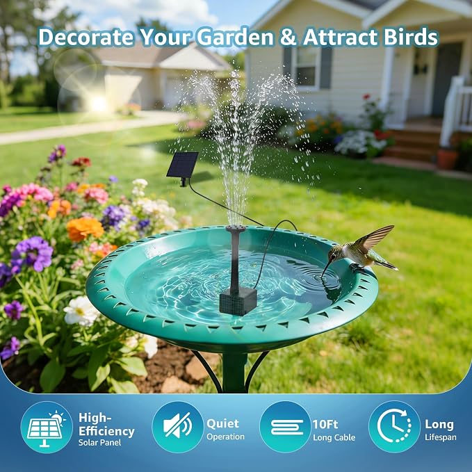 Solar Fountain Pump for Bird Bath, 2.5W Solar Water Pump with Dry-Run Protection, 5 Spray Modes & 4ft Hose, Adjustable Ground Stake for Garden Small Pond Fish Tank DIY Water Feature