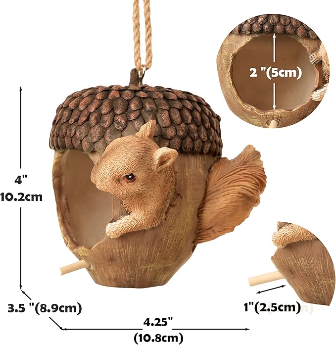 Hanging Bird Houses for Outside, Acorn-Shaped Resin Birdhouse with Squirrel Design for Outdoors Decorative Birdhouses,