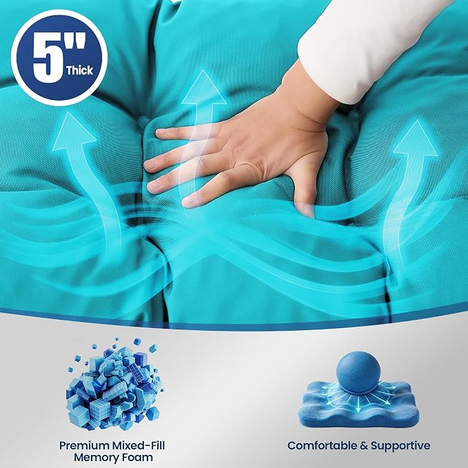 IASEAHK Outdoor Bench Cushion 59x18x5 Inch, Waterproof & Fade-Resistant Patio Furniture Cushions, Tufted Memory Foam Indoor/Outdoor Cushions for Couch Porch Swing with Non-Slip Backing & Straps, Teal