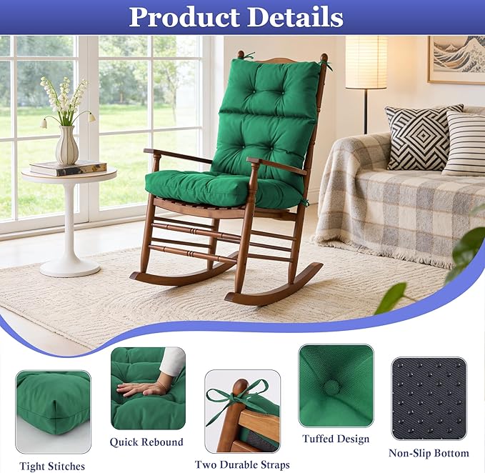 Rocking Chair Cushion, Waterproof and Fade-Resistant Adirondack Rocker Cushions, Indoor/Outdoor Rocking Chair Pads, High Back Memory Foam Patio Furniture Cushions with Ties, 44x23x4 Inch, Dark Green