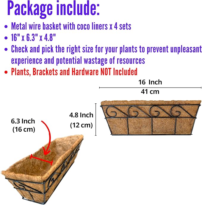 LaLaGreen Wall Mounted Planters - 16 Inch, 4 Pack Window Flower Boxes Basket Outdoor, Balcony Planter Over the Rail, Deck Railing Hanging with Coco Liners, Metal Horse Troughs Fence Patio Porch